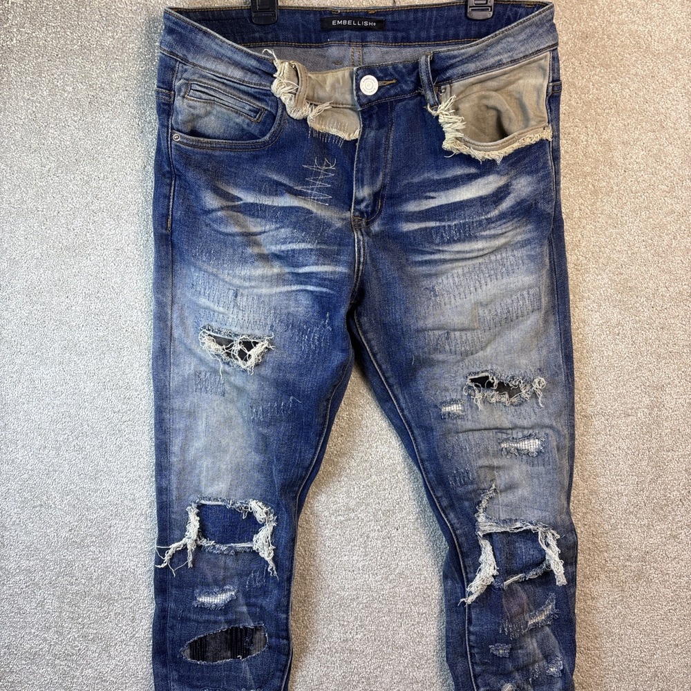 Embellish Jeans Men's 32 Blue Denim Distressed Thrashed Designer Skater Grunge